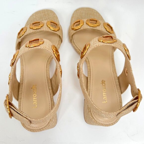 Larroudé Milan Block Heel Sandals Beige Women Brazil Raffia Sandals Size 6.5 - Picture 5 of 12